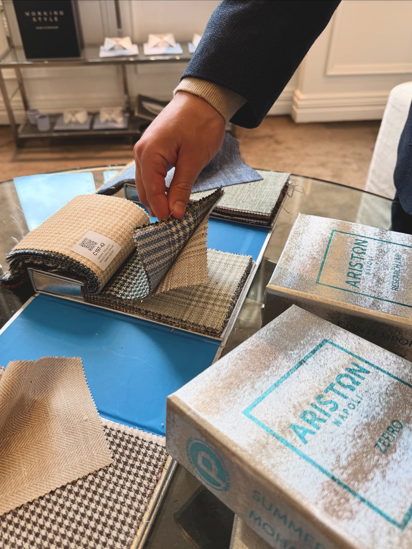 Discover the new summer fabrics by @aristonimparato in store now.

Twice a year, Ariston unveils limited-edition seasonal collections,
coveted by discerning tailors and style connoisseurs worldwide. Celebrated for individuality, these fabrics range from shimmering silk-wool blends and vibrant plaids to innovative textures and summer-ready linens, each produced in small, exclusive runs. Renowned for their fluidity, comfort, and character, Ariston fabrics drape with effortless elegance, bringing personality and vitality to Made to Measure garments and ensuring every suit or jacket is as distinctive as the wearer.

#tailoredmenswear #madetomeasure