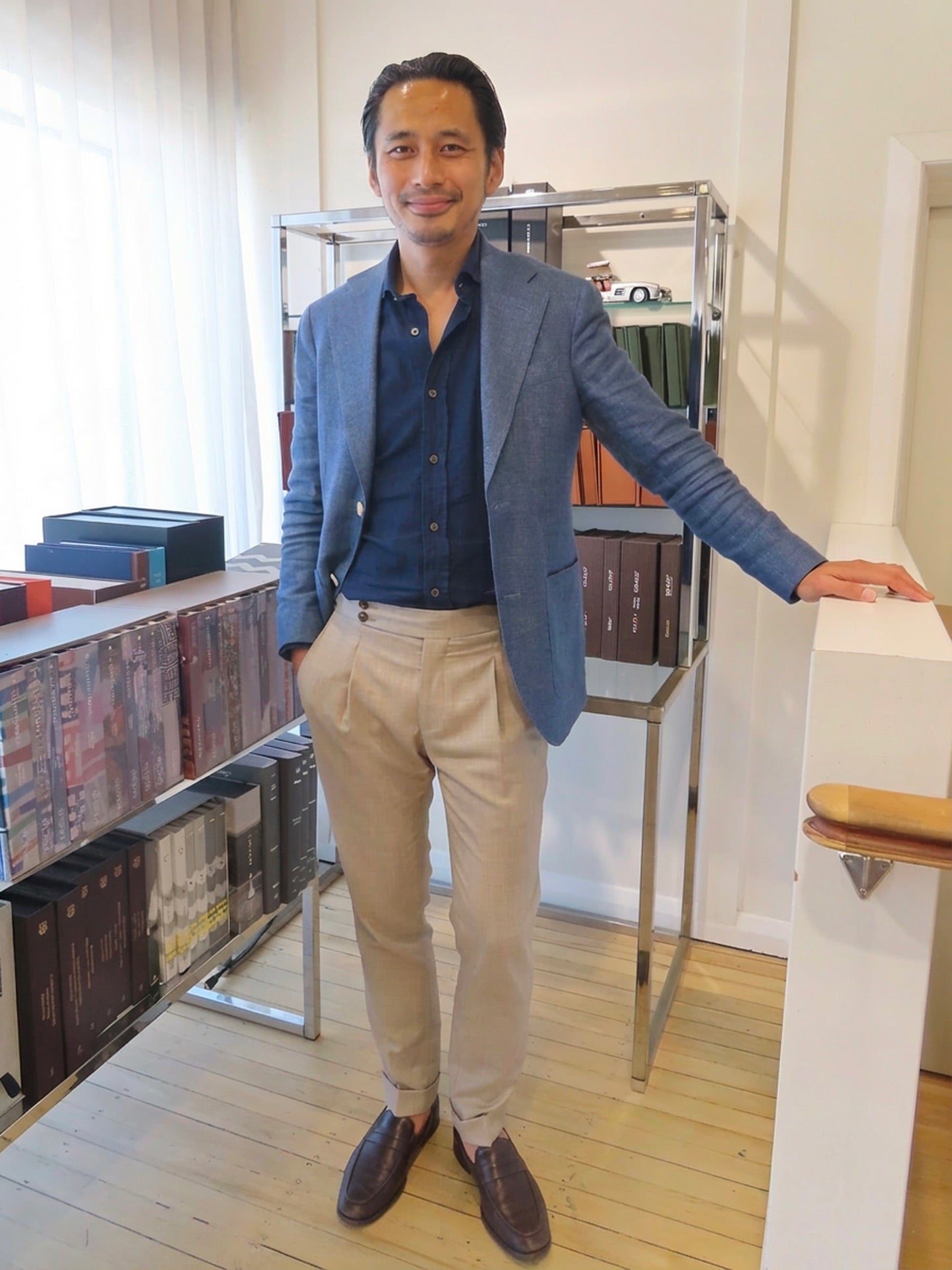 A series of our staff’s favourite Made to Measure pieces, created for themselves and clients. Words from Tim Nguyen, our National Retail Director and Made to Measure Coordinator: 
“Crafted in Europe from Carnet’s exceptional Super 130’s Virgin Wool, these trousers have a beautiful, supple handle and a perfect trans-seasonal weight that drapes effortlessly throughout the year.
I’ve designed them with a higher waistband and mid-rise, featuring a single pleat, a double-stacked button fastening and side adjusters. My own modern interpretation of the classic Gurkha silhouette. The soft neutral tone makes them remarkably versatile, allowing you to build refined outfits with ease, whether for the work week or the weekend.”